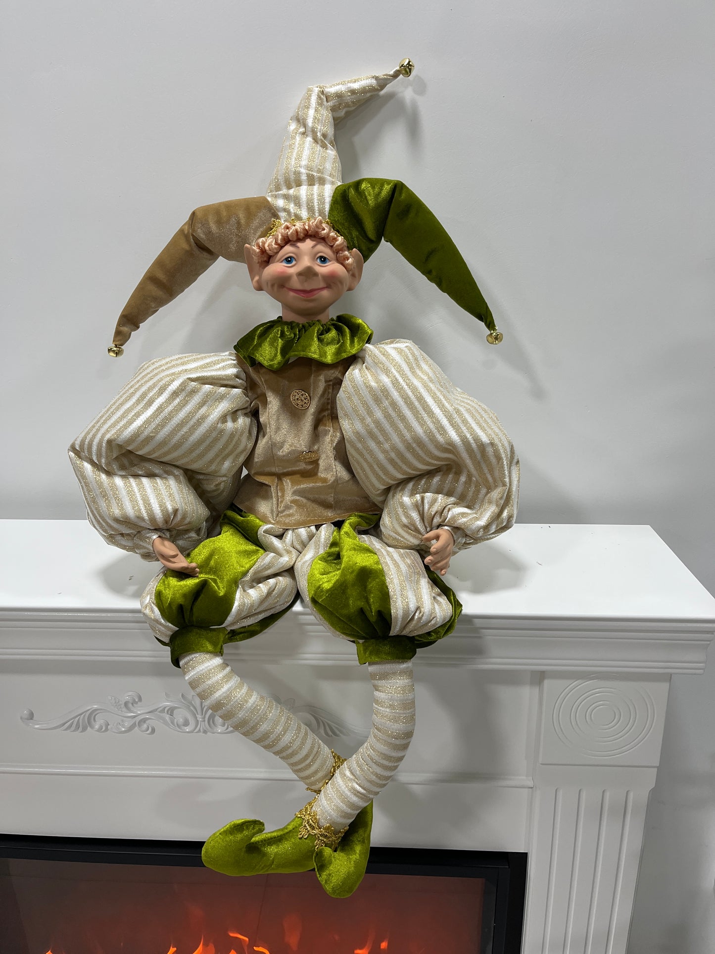 Christmas Jester Decor Dolls Set of 2 - Festive Large & Small Ornament with Gold-Green Striped Design for Holiday Home Decor