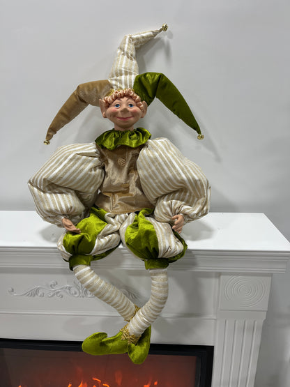 Christmas Jester Decor Dolls Set of 2 - Festive Large & Small Ornament with Gold-Green Striped Design for Holiday Home Decor