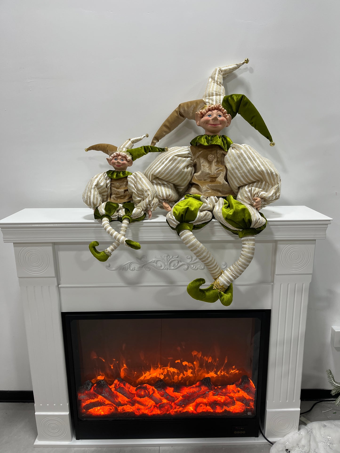 Christmas Jester Decor Dolls Set of 2 - Festive Large & Small Ornament with Gold-Green Striped Design for Holiday Home Decor