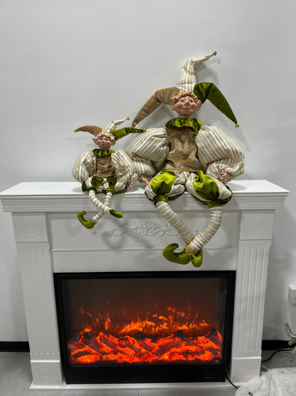 Christmas Jester Decor Dolls Set of 2 - Festive Large & Small Ornament with Gold-Green Striped Design for Holiday Home Decor