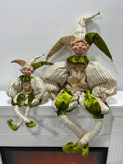 Christmas Jester Decor Dolls Set of 2 - Festive Large & Small Ornament with Gold-Green Striped Design for Holiday Home Decor