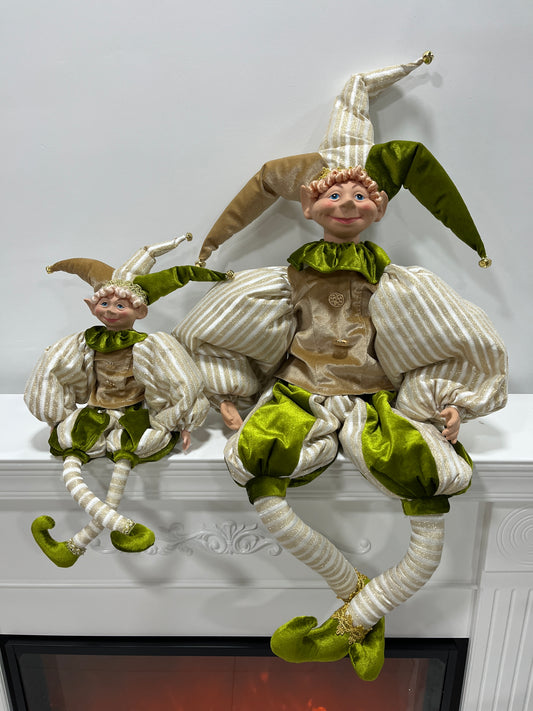 Christmas Jester Decor Dolls Set of 2 - Festive Large & Small Ornament with Gold-Green Striped Design for Holiday Home Decor
