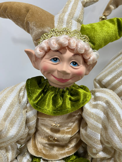 Christmas Jester Decor Dolls Set of 2 - Festive Large & Small Ornament with Gold-Green Striped Design for Holiday Home Decor
