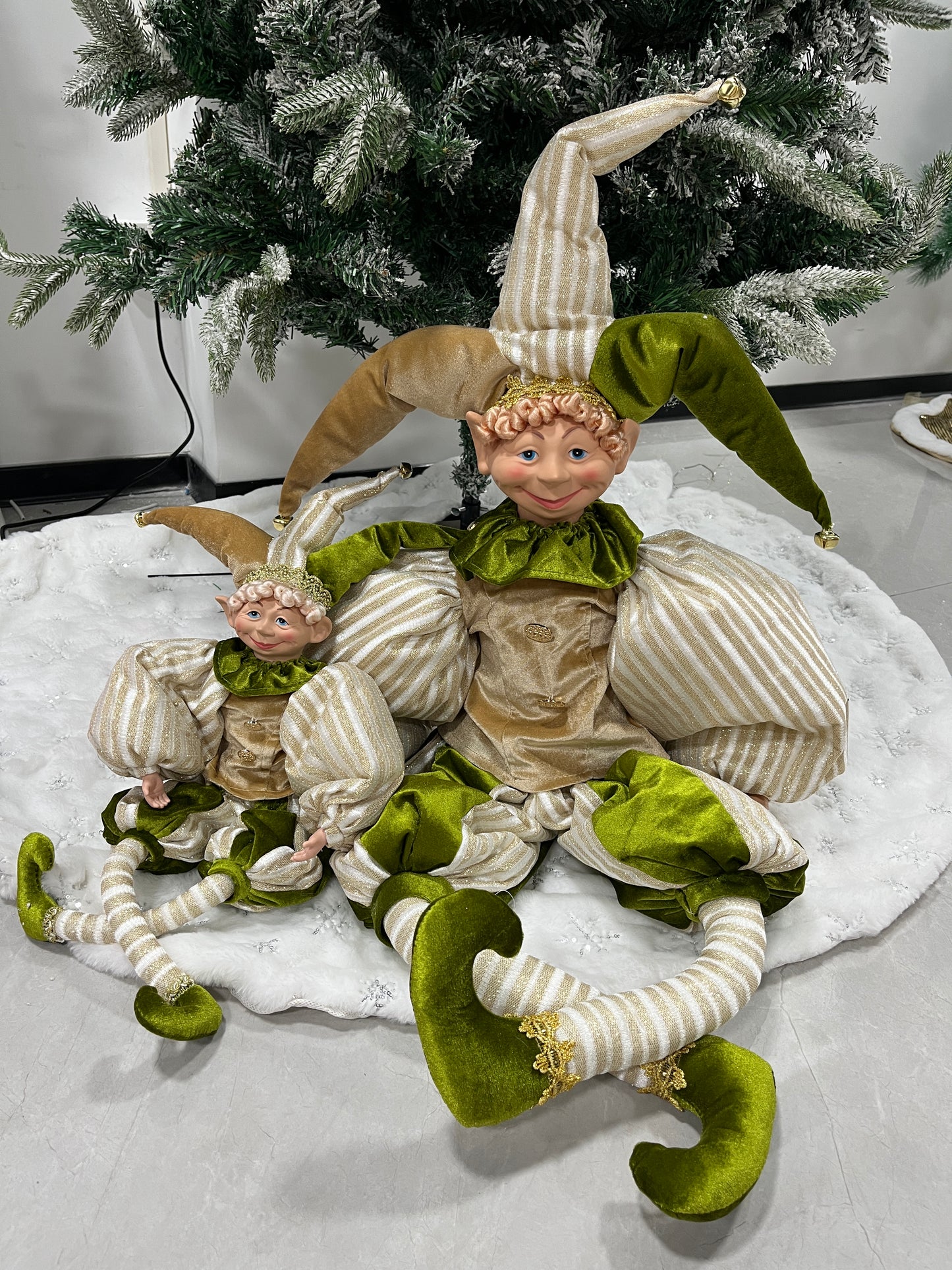 Christmas Jester Decor Dolls Set of 2 - Festive Large & Small Ornament with Gold-Green Striped Design for Holiday Home Decor