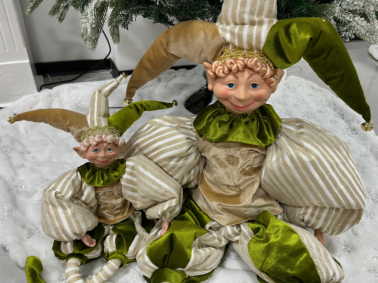 Christmas Jester Decor Dolls Set of 2 - Festive Large & Small Ornament with Gold-Green Striped Design for Holiday Home Decor