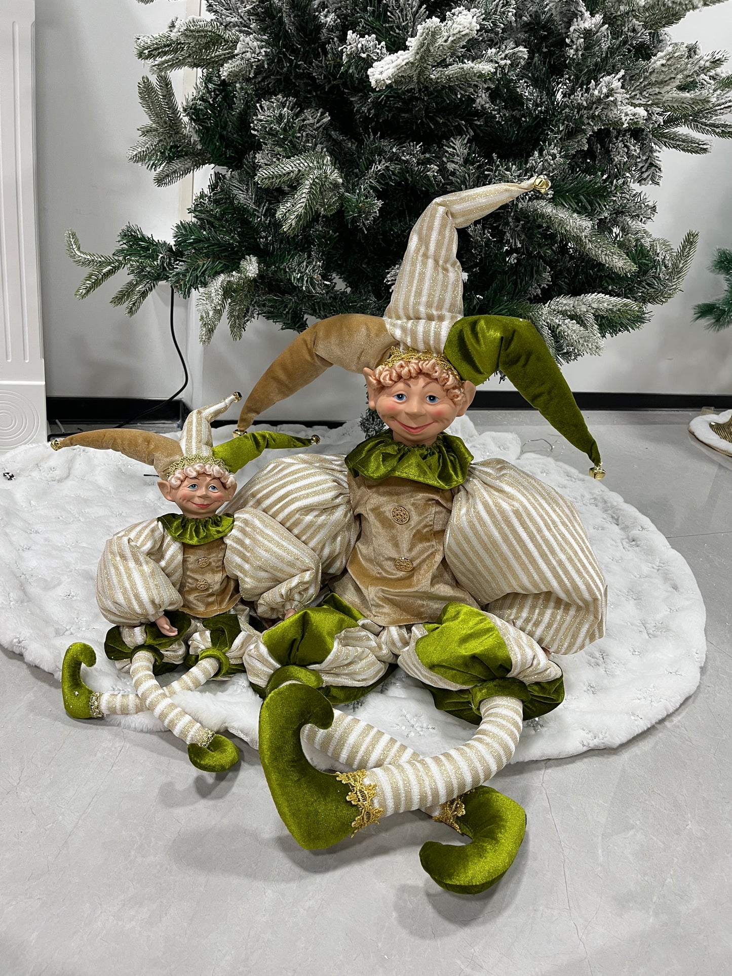 Christmas Jester Decor Dolls Set of 2 - Festive Large & Small Ornament with Gold-Green Striped Design for Holiday Home Decor