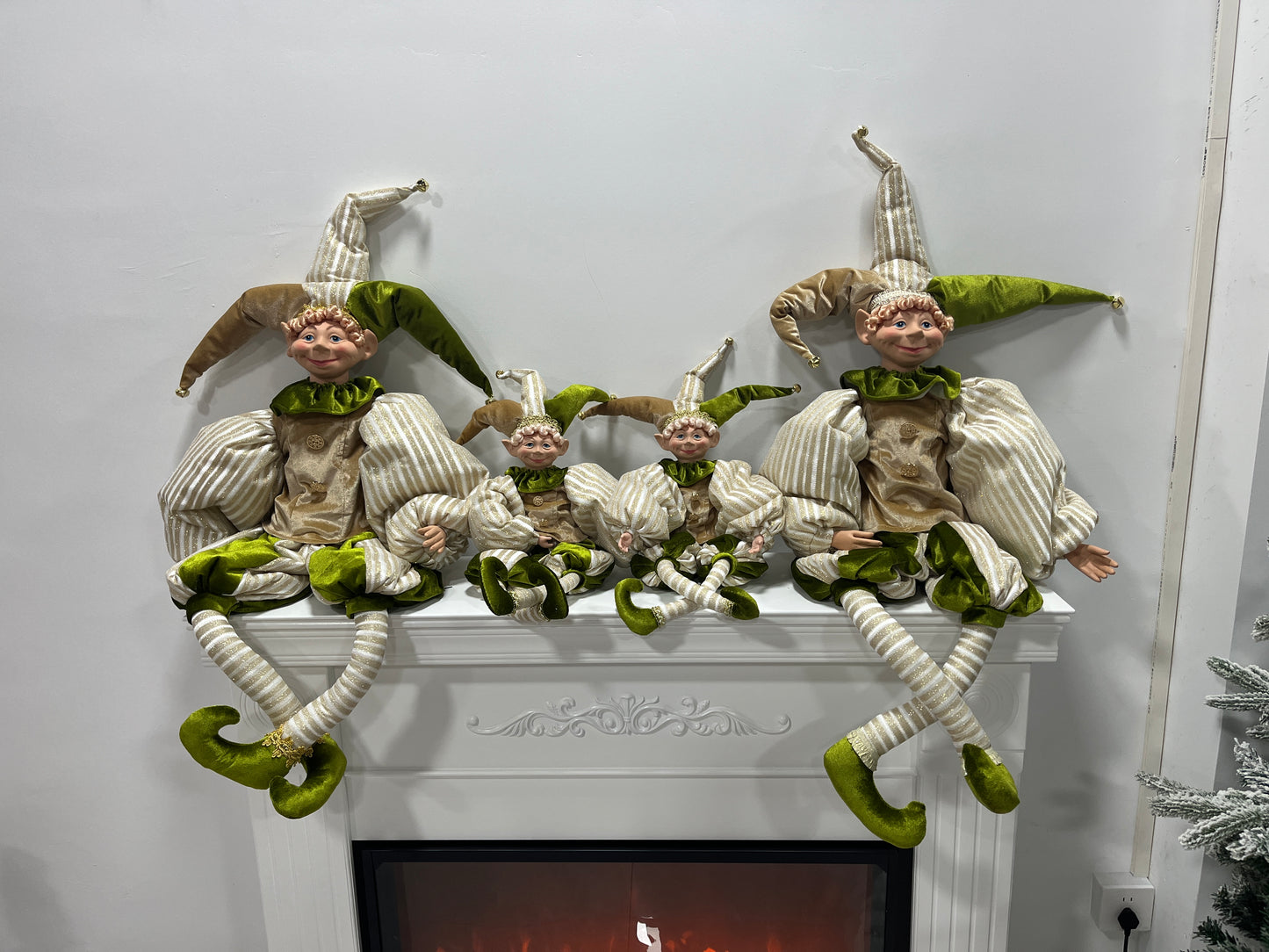 Christmas Jester Decor Dolls Set of 2 - Festive Large & Small Ornament with Gold-Green Striped Design for Holiday Home Decor