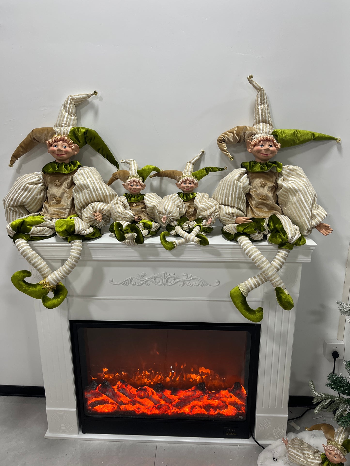 Christmas Jester Decor Dolls Set of 2 - Festive Large & Small Ornament with Gold-Green Striped Design for Holiday Home Decor