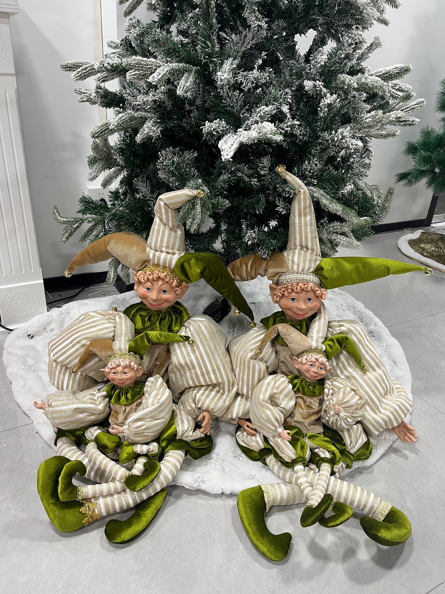 Christmas Jester Decor Dolls Set of 2 - Festive Large & Small Ornament with Gold-Green Striped Design for Holiday Home Decor