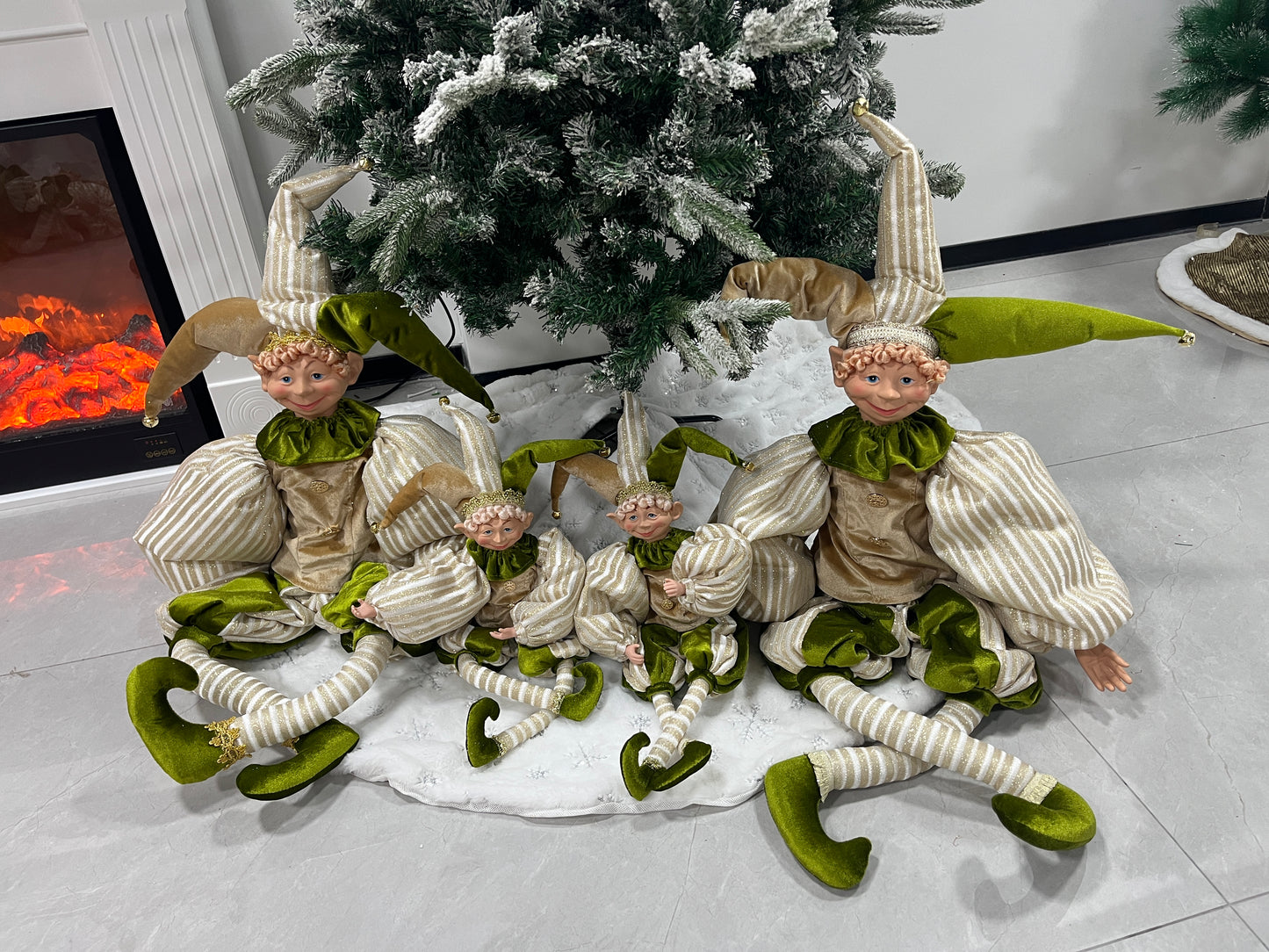 Christmas Jester Decor Dolls Set of 2 - Festive Large & Small Ornament with Gold-Green Striped Design for Holiday Home Decor