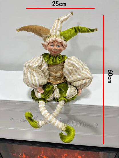 Christmas Jester Decor Dolls Set of 2 - Festive Large & Small Ornament with Gold-Green Striped Design for Holiday Home Decor