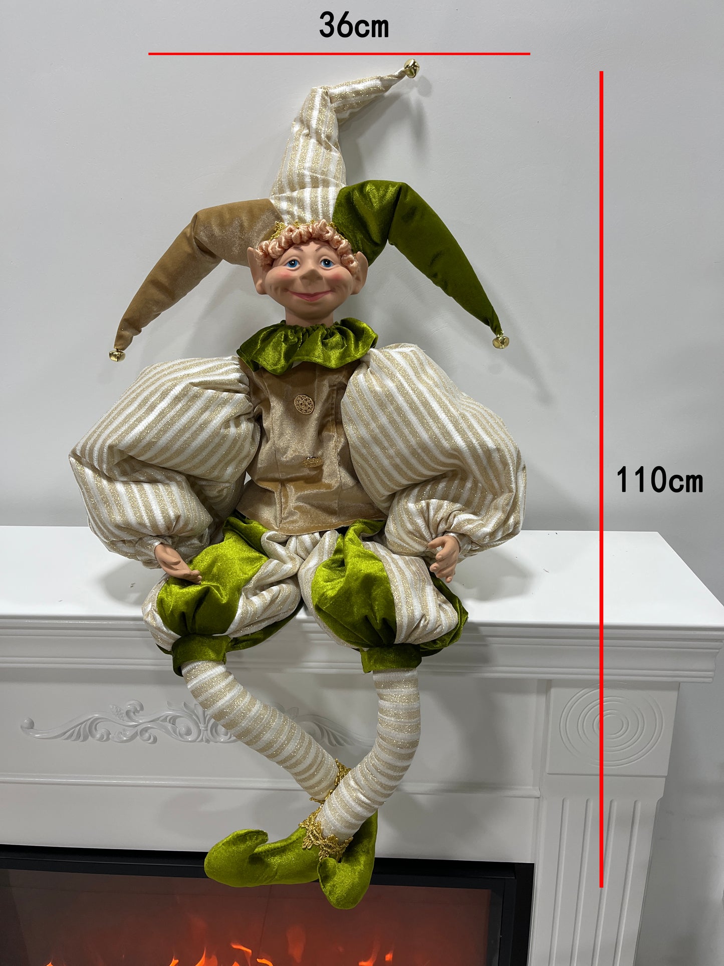 Christmas Jester Decor Dolls Set of 2 - Festive Large & Small Ornament with Gold-Green Striped Design for Holiday Home Decor